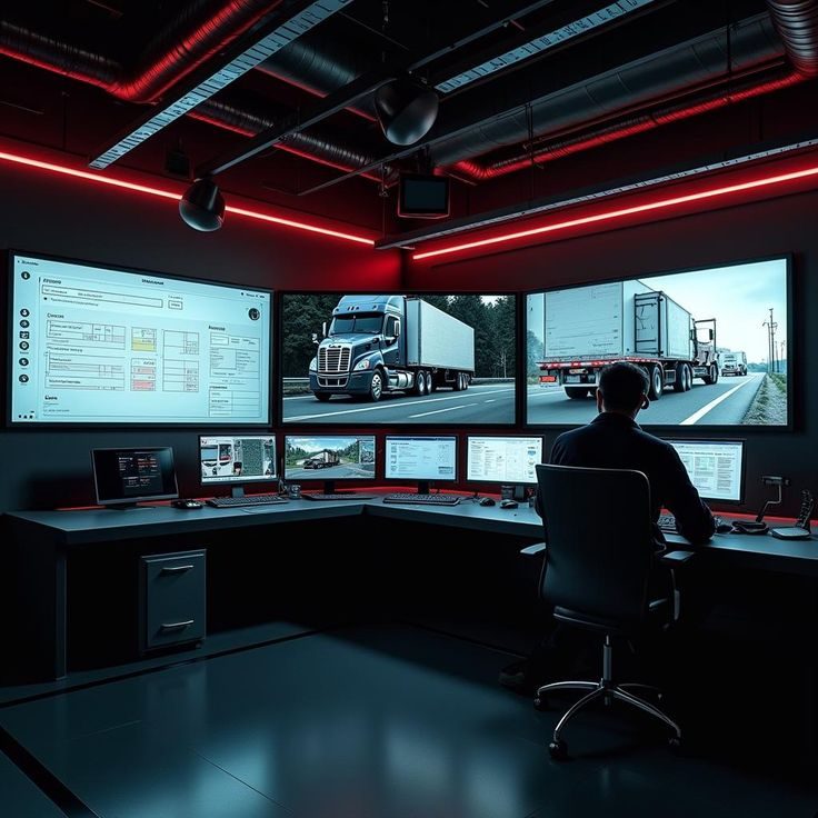 Dispatcher monitoring multiple trucks on live camera feeds in a control room
