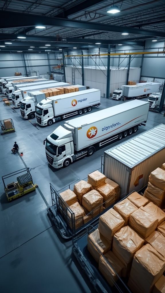 Javelin Dispatch fleet of trucks staged inside a modern logistics warehouse