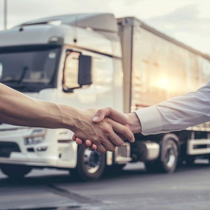 Business handshake in front of a semi-truck, sealing a dispatch partnership