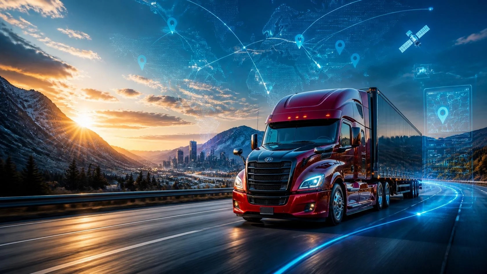 Patriotic American semi-truck glowing under a dramatic stormy sky