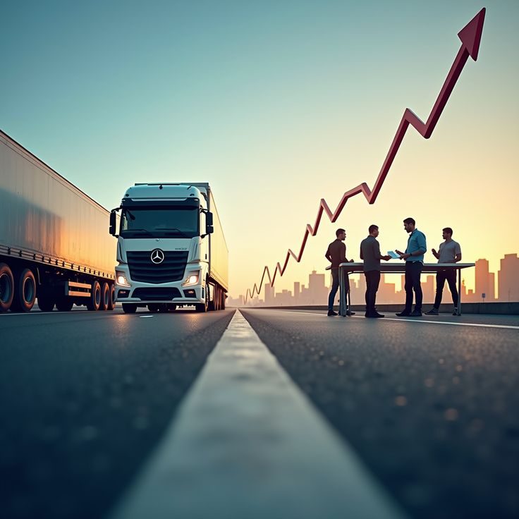 Truck on the highway beside a rising revenue chart, symbolizing carrier growth