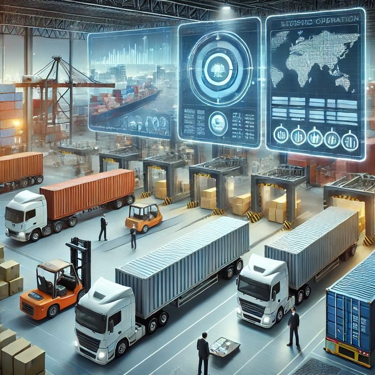 Futuristic dispatch operations dashboard overlaying an active truck yard