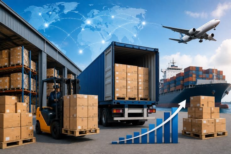 Forklift loading a container truck with cargo ship and cargo plane in the background